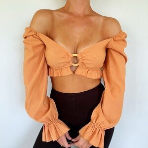 SHEIN orange cut out ring long sleeve off-shoulder ruffle crop top size small